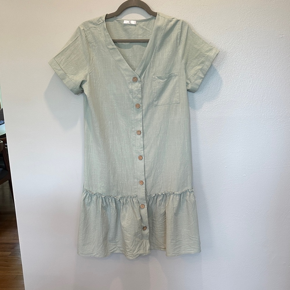 Light Sage Button-Front Mini Dress with Pocket